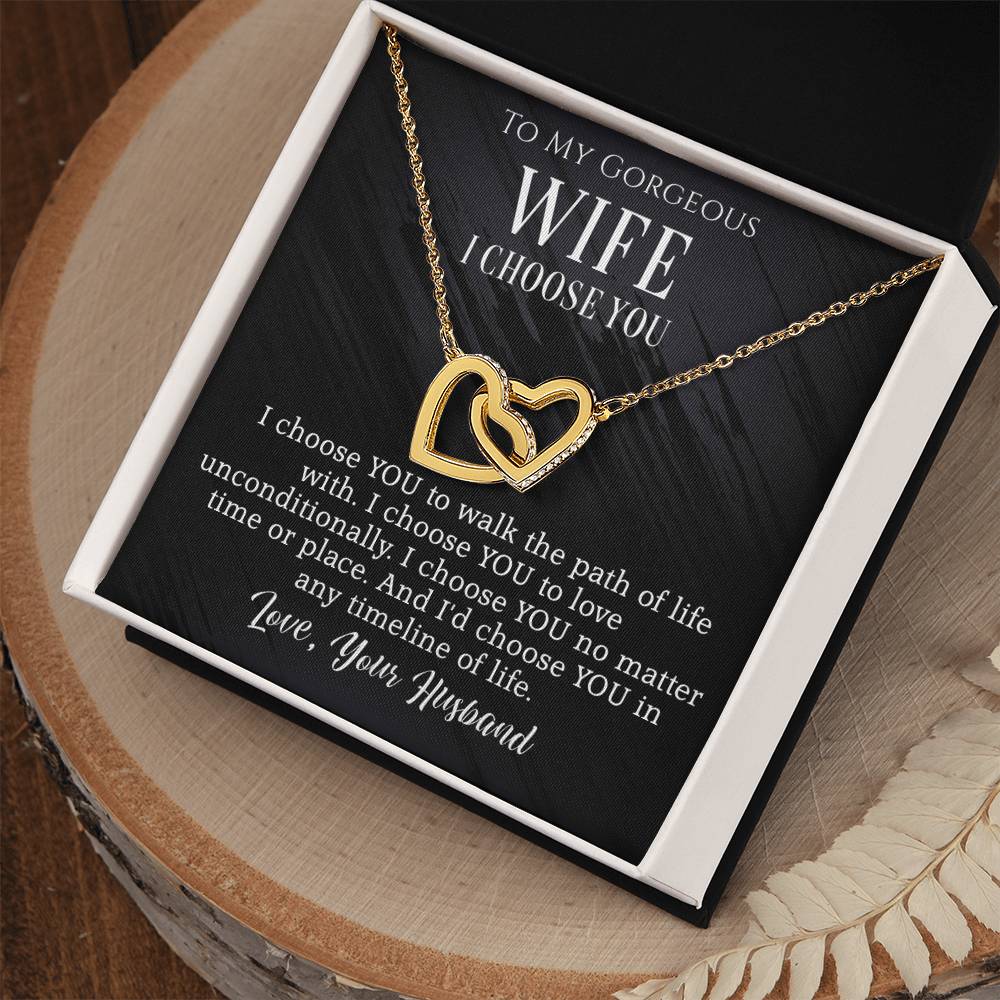 To My Wife- I Choose you- Interlocking heart necklace (Yellow Gold/Polished Stainless-Rose Gold)