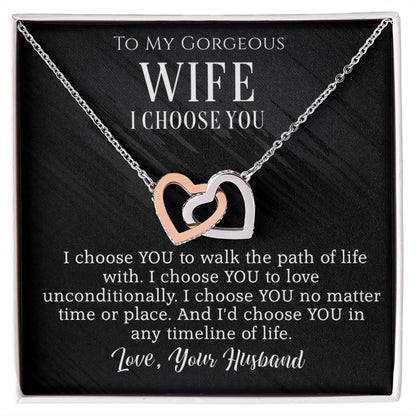 To My Wife- I Choose you- Interlocking heart necklace (Yellow Gold/Polished Stainless-Rose Gold)