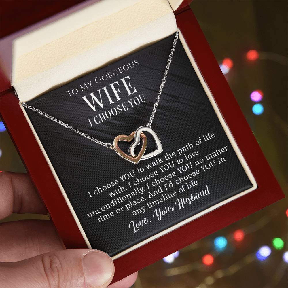 To My Wife- I Choose you- Interlocking heart necklace (Yellow Gold/Polished Stainless-Rose Gold)