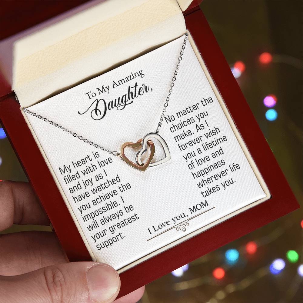 To My Amazing Daughter - Interlocking Heart Necklace (Yellow Gold/Stainless Steel-Rose Gold)